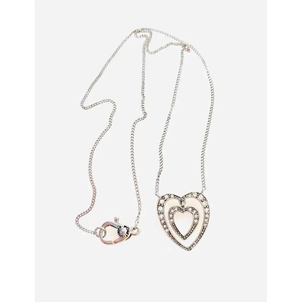 MONET Necklace Hearts Silver Tone Rhinestones 16”